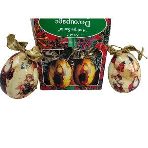Vintage Set of 2 Antique Santa Decoupage Egg Ornaments‎ Multi Color